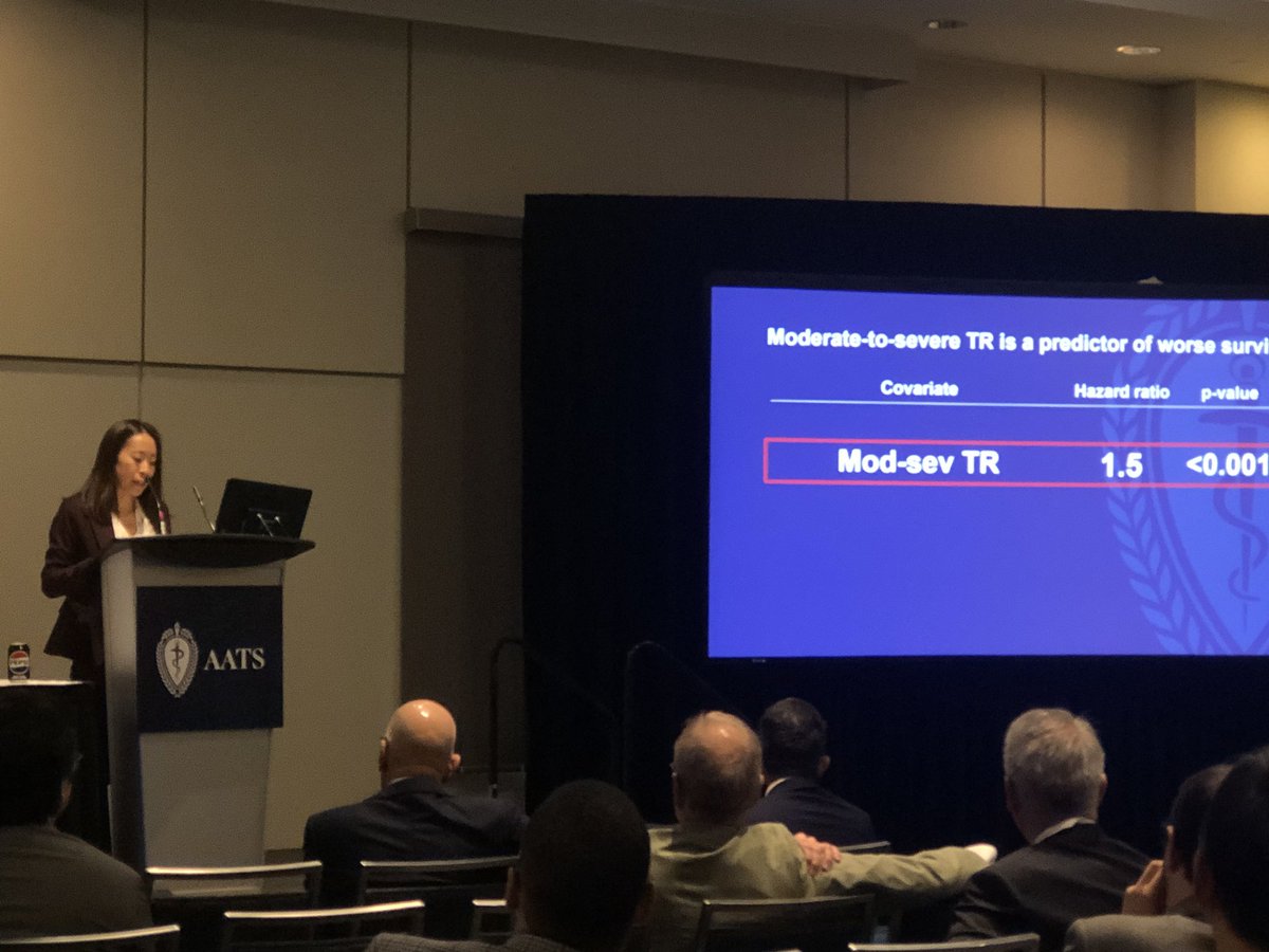 Dr @WhitneyFu1 sharing results of patients undergoing TAVR with untreated TR - tr should be a factor heart teams consider when deciding tavr vs savr! @UMichCTSurgery @UMichSurgery @AATSHQ