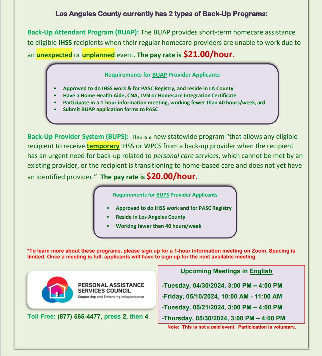 We are in high need of Back-UP Attendants! The pay rate has increased to $20.00 and $21.00. To register, please call (877) 565-4477, press 2 and then 4. For more information, please see the second attachment. #pasc #pascla #ihss #providers #caregivers #losangeles #lacounty