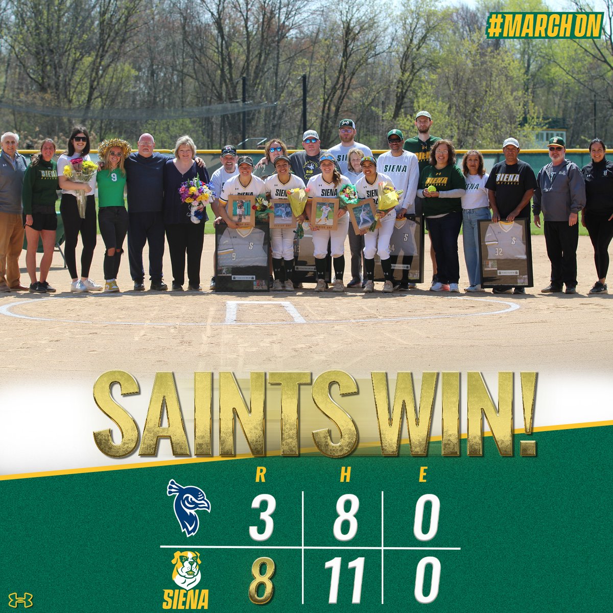 Ended it at home the right way 😊 The Saints complete a weekend sweep of Saint Peter's at Siena Softball Field on Senior Day! #MarchOn x #SienaSaints x #NCAASoftball x #MAACSoftball