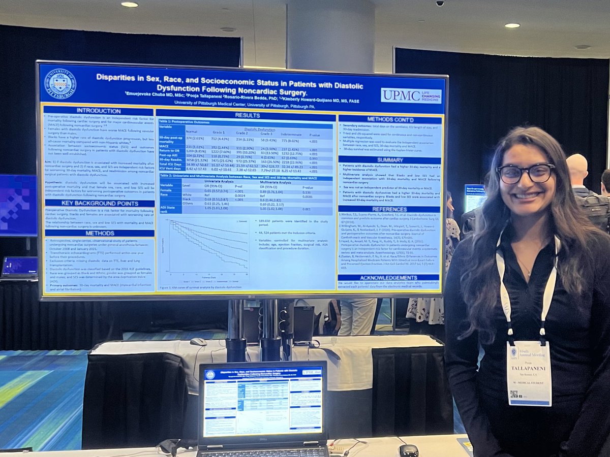 #PittMed student Pooja Tallapaneni and @PittAnes fellow @veeuba present work showing adverse outcomes in noncardiac surgery patients with diastolic dysfunction & significant disparities assoc. w/ race and socioeconomic status #SCA2024