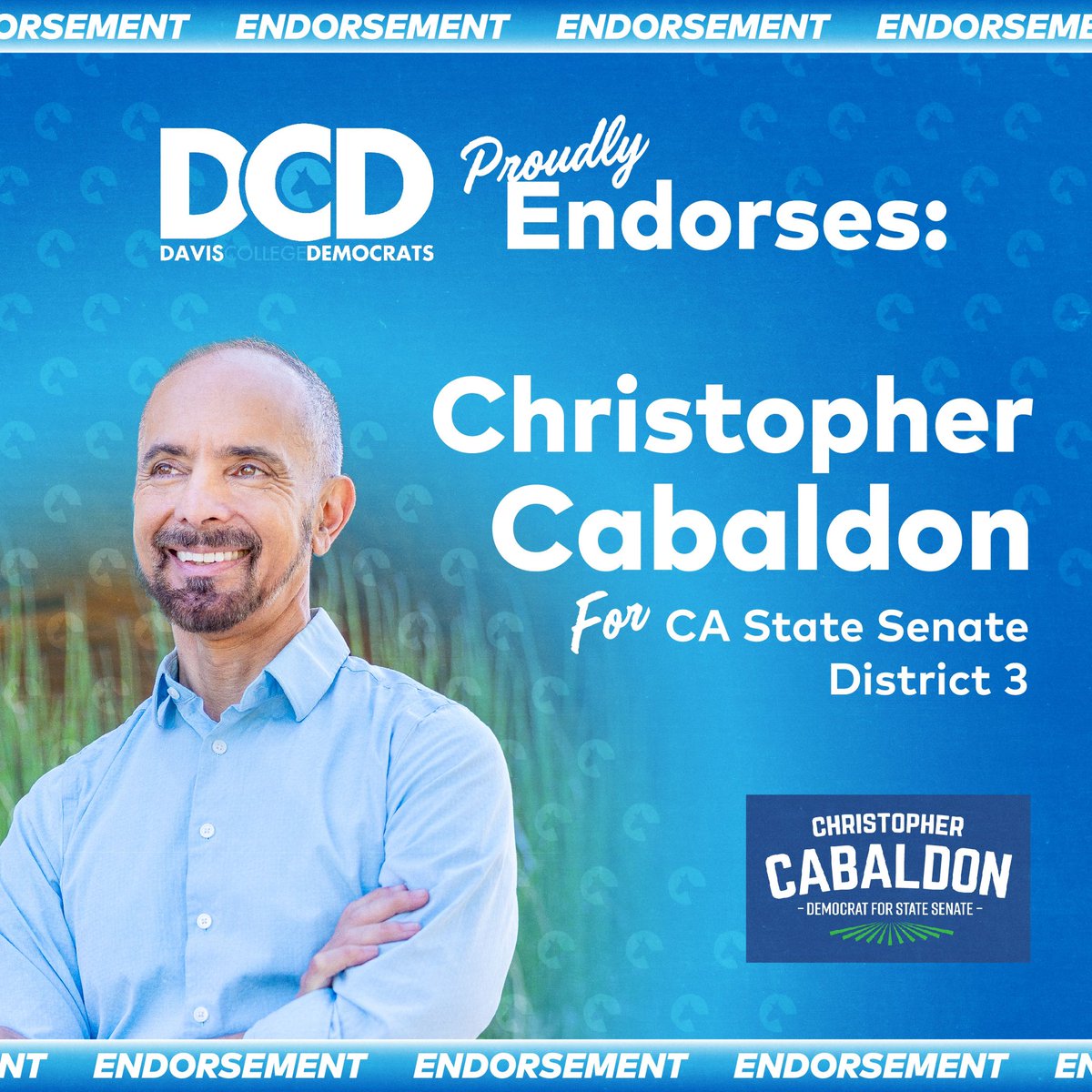 DCD is proud to endorse Christopher Cabaldon for State Senate (District 3)! 👏

Christopher is a strong advocate for affordable housing, public education, environmental protection, and reproductive freedom. He’ll deliver the right results for the people of Davis and District 3!