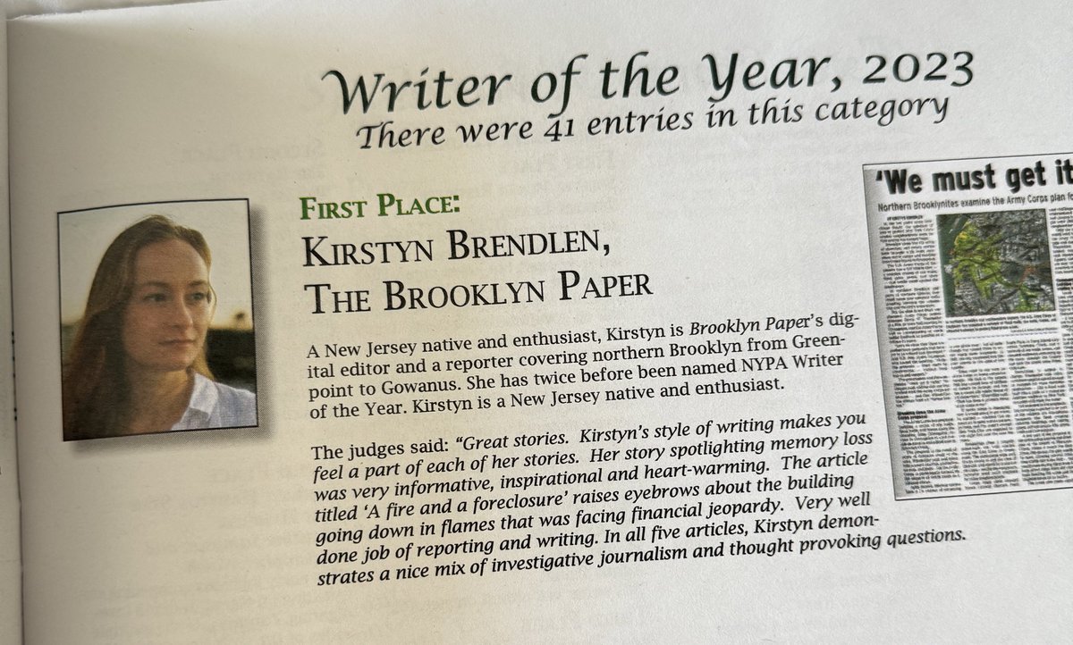 so much to celebrate at this year’s NYPA awards but I am admittedly still hung up on this W from @KPBrend, who continuously blows me away with her thoughtful, meticulous reporting — all of which she did last year while also holding down the fort at @brooklynpaper
