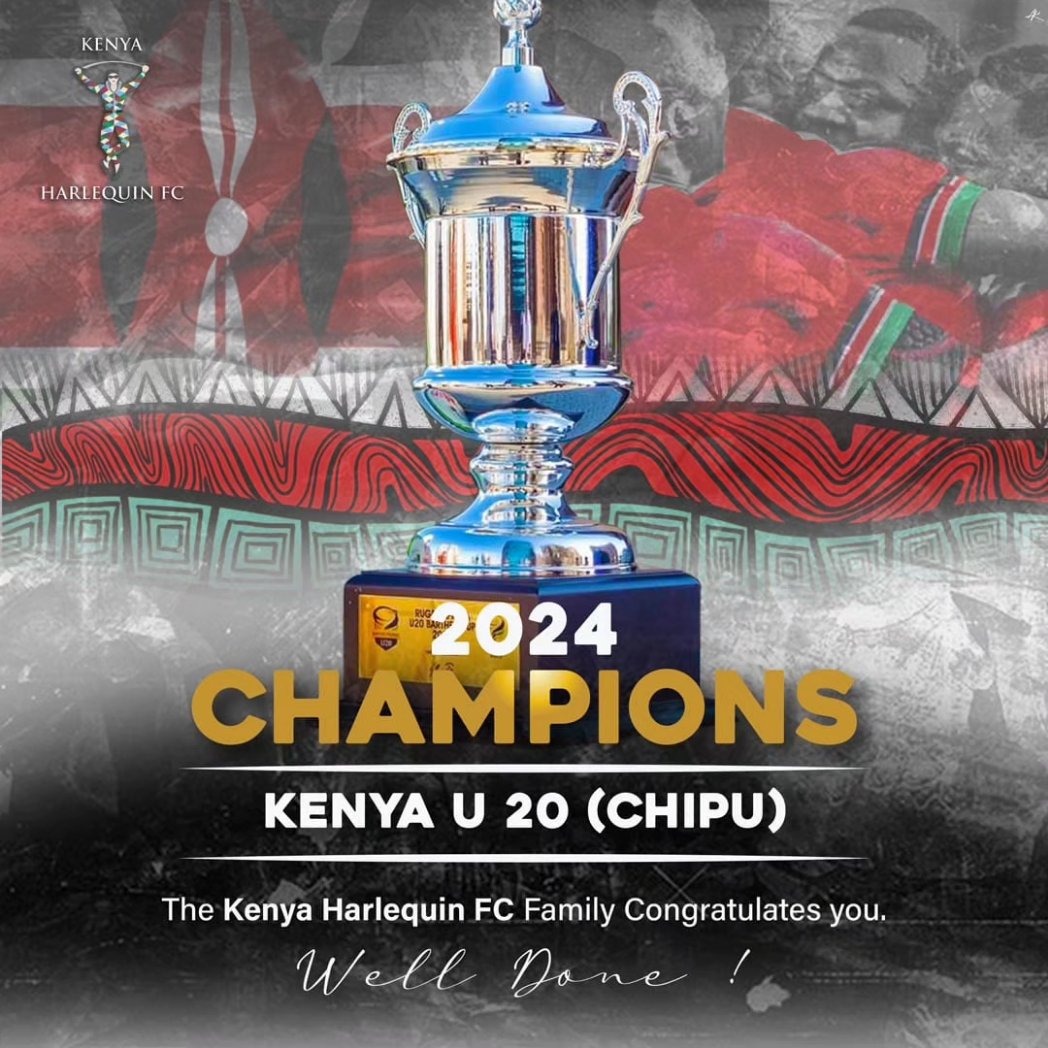 A hearty congratulations to Chipu @OfficialKRU on winning the U20 Barthes Trophy and on their qualification for the World Rugby U20 Trophy @RugbyAfrique Special recognition to our @KenyaHarlequins players Iddo Kuta Patrick Wainaina Faren Juma Jeremy Namiti 📸 @ArigiObiero #sss