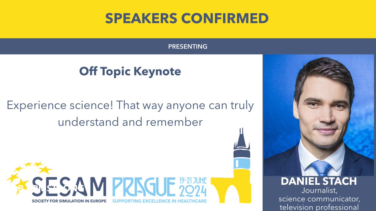 Czech journalist, science communicator and TV professional Daniel Stach will share practical examples of how to communicate difficult and, for some, controversial topics. #SESAM2024 Register now: eu.eventscloud.com/website/12346/… #plenary #keynote #education #simulation #meded #sesam2024