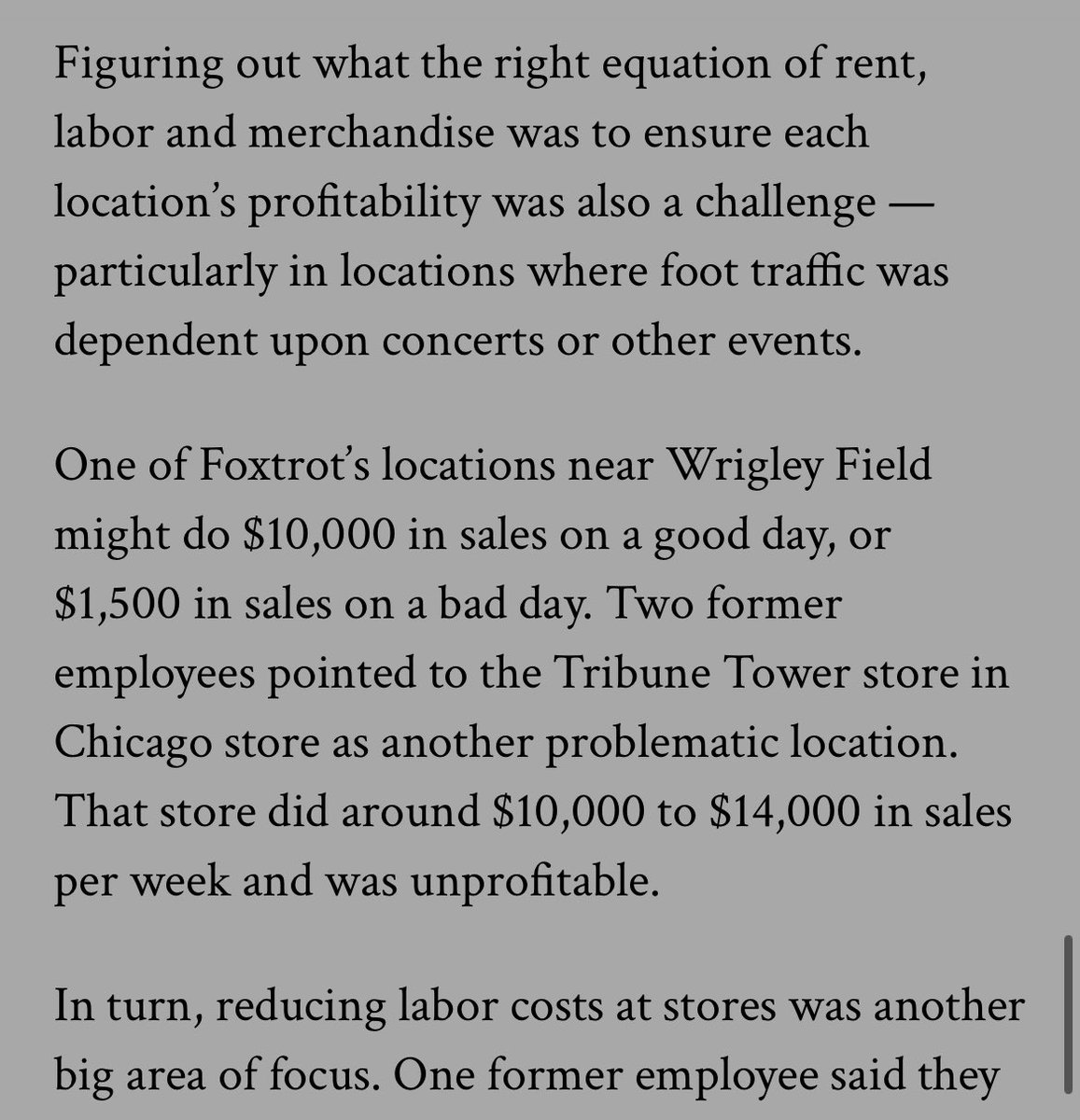 Still haven’t seen the Outfox/Foxtrot/Dom’s bankruptcy filing yet but this article I stumbled on seemed pretty informed. The nugget about the Wrigley Field Foxtrot performance’s “surprise” is hilarious btw. modernretail.co/operations/wha…