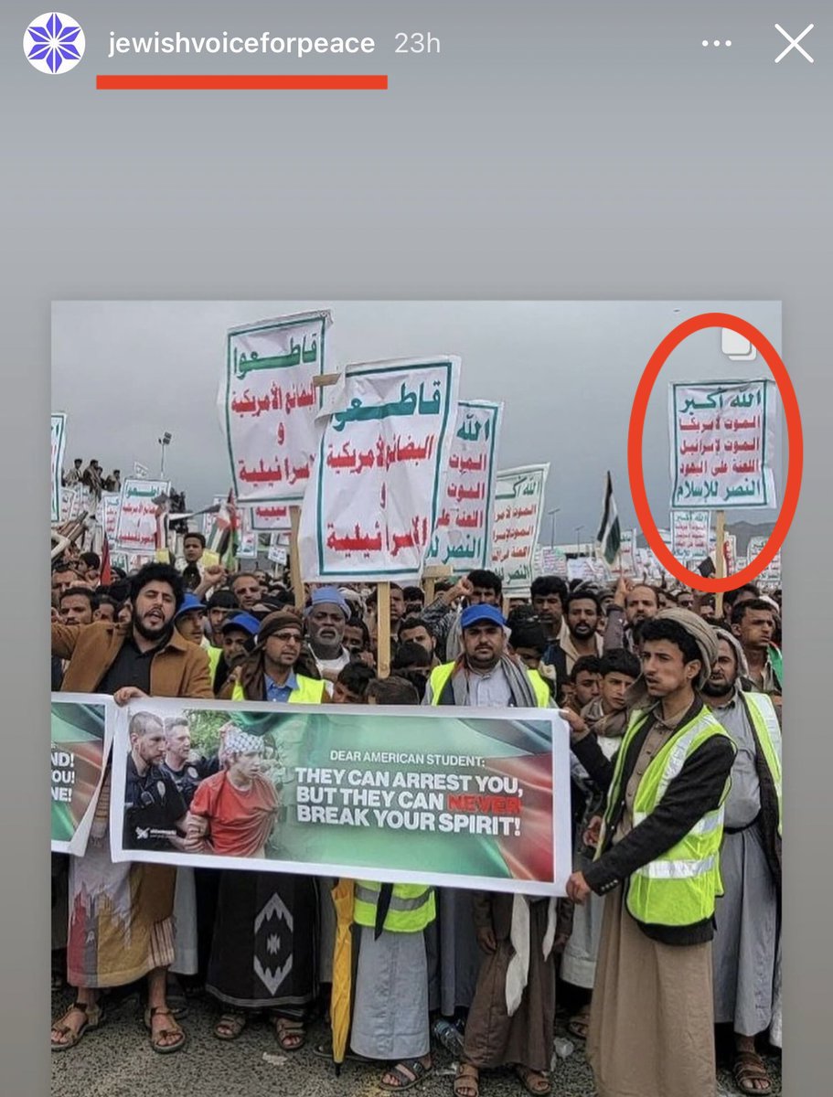 'Jewish' Voice for Peace is posting this picture as if it's a noble thing.

These are Houthis holding signs in Arabic that read 'Curse upon the Jews'.

From now on, I refuse to allow ANYONE to claim these antisemitic scum are Jewish. ENOUGH.
