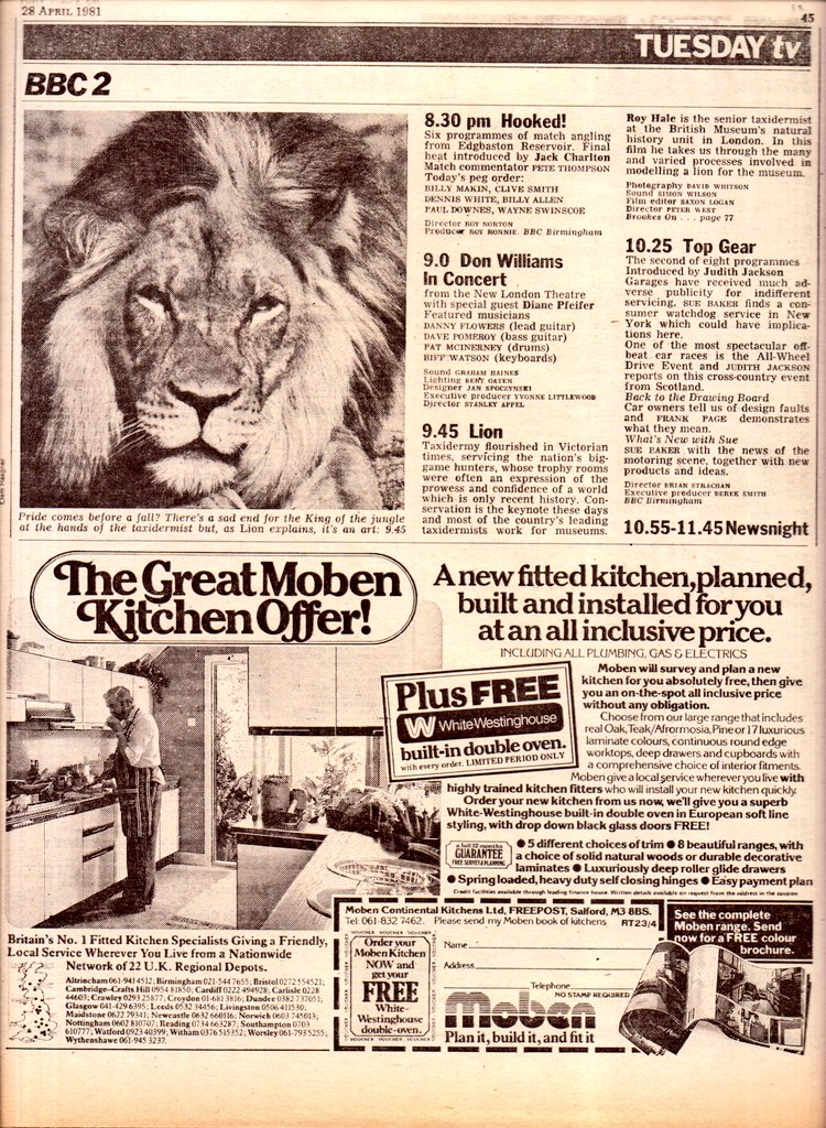 TV📺28/4/81 BBC1 
4.20:Godzilla 4.40:The Record Breakers 5.5:Newsround 5.10:The Children of Fire Mountain 5.40:News 6.20:Nationwide 6.50:Dodd on his Todd 7.20:Taxi 7.45:The Biggest Epidemic of Our Times 9.0:News 9.25:Play for Today