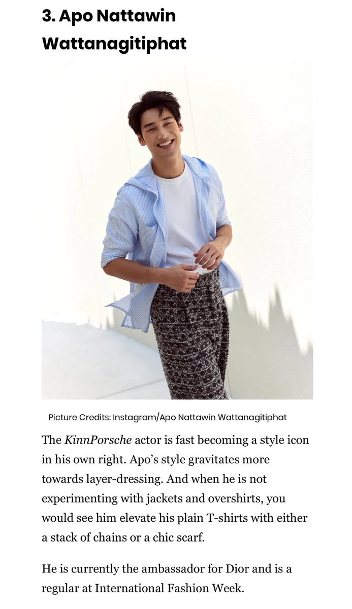 ARTICLE : Mile Phakphum & Apo Nattawin features ✨ 

8 Stylish Thai Actors Whose Instagram Accounts Will Make You Fall In Love With Fashion In 2024

—— @Dior x #DiorSummer24 x #Dior 
#DiorWinter23 x #DiorSpring24

By : augustman.com

2. Mile Phakphum 

Next up on our…