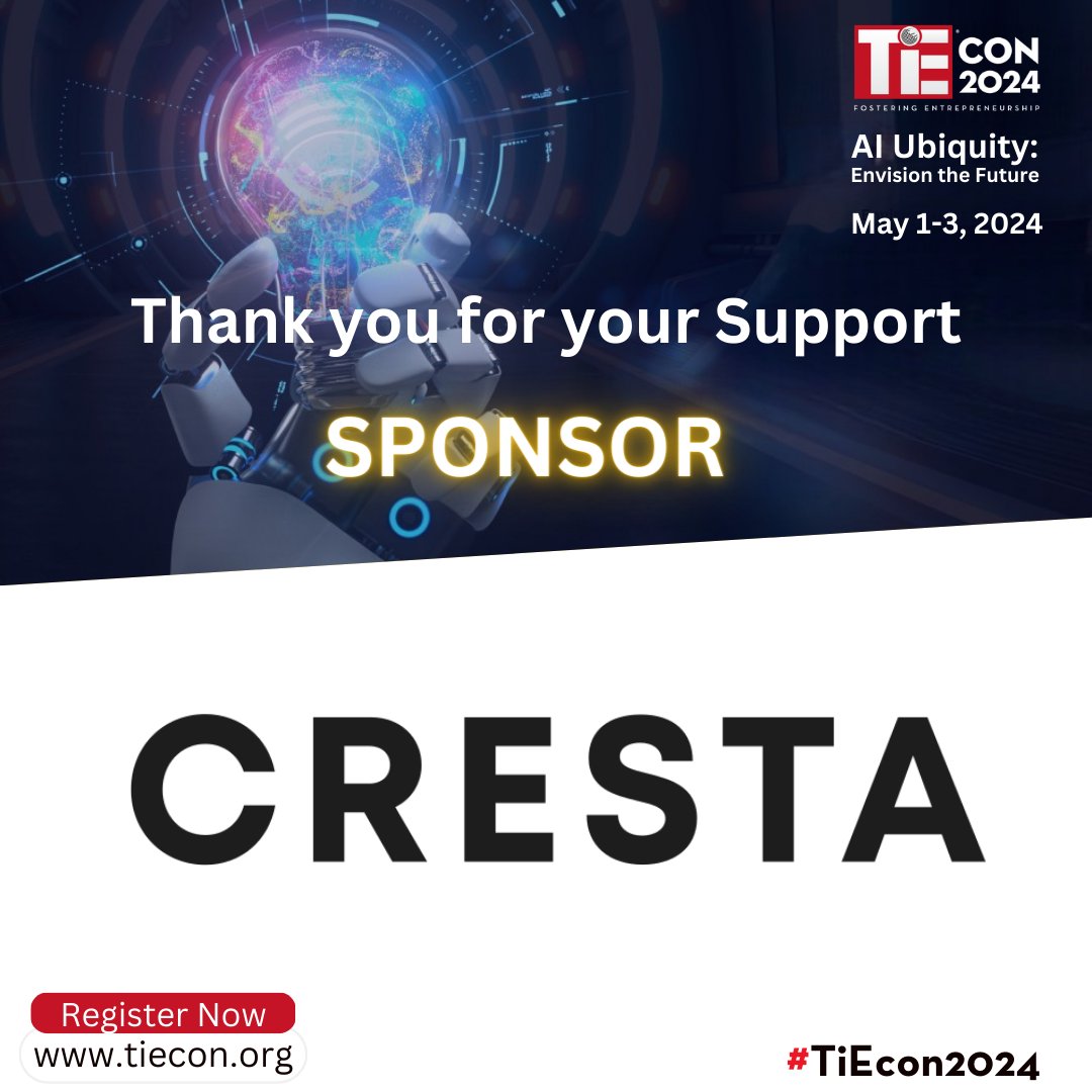 Grateful shoutout to our amazing sponsor, Cresta, for their support at TiEcon2024! 
Real-time AI. Real results. Enterprise scale.

 #Cresta #RealTimeAI #RealResults #EnterpriseScale