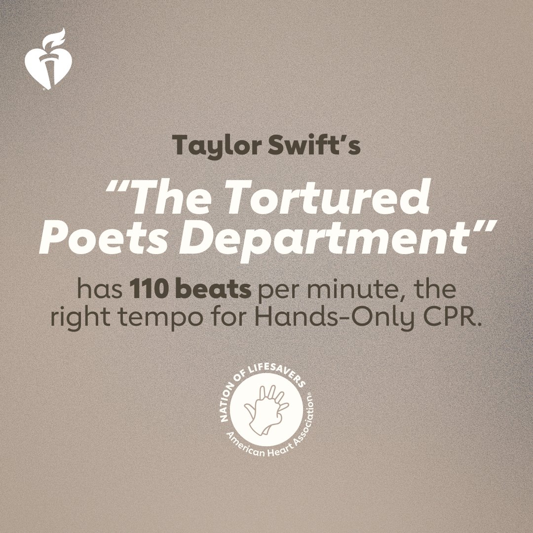 A double album!?! 🤯 So double the chances for songs with lifesaving beats!?!✌️ If you see a teen or adult collapse, call 911 & push hard & fast in the center of the chest to the beat of 'The Tortured Poets Department.' Thanks, @taylorswift13! #TSTTPD #NationofLifesavers