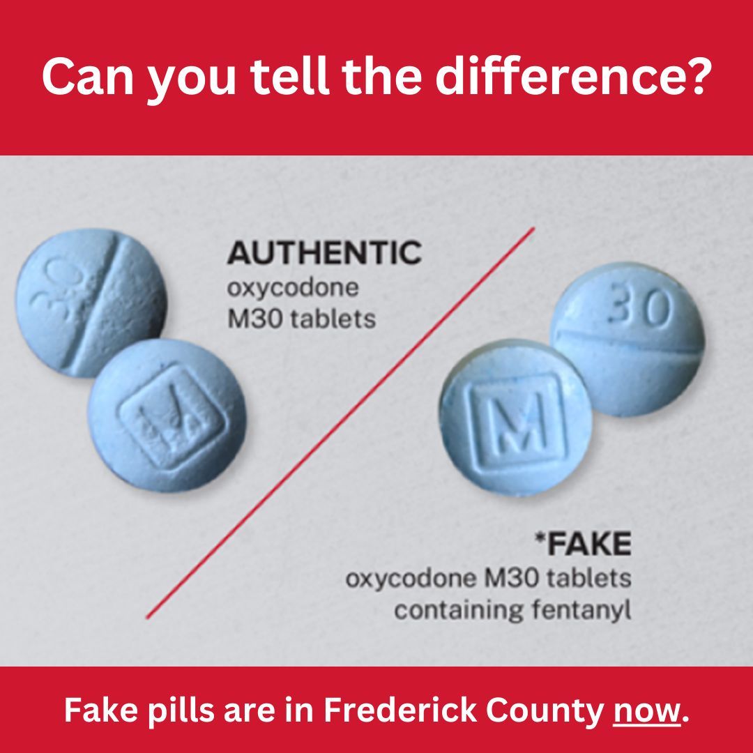 Counterfeit pills are in Frederick County.  Because they contain Fentanyl, they are much stronger than the medication they look like. Taking any pill that was not prescribed by a doctor for you can be very dangerous. To learn more, visit buff.ly/3Uxz658.  #OnePillCanKill