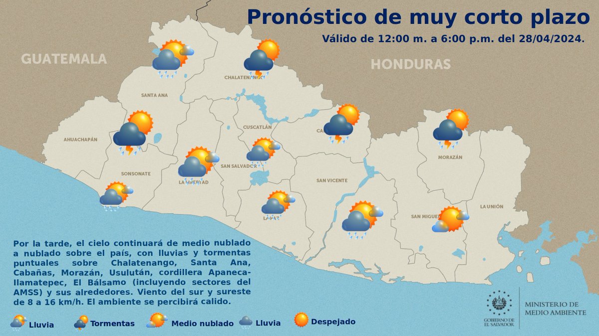 📌#ElObservatorioInforma Pronóstico de muy corto plazo, válido de 12:00 m. a 6:00 p.m. del 28/04/2024. Por la tarde, el cielo continuará de medio nublado a nublado, con lluvias y tormentas puntuales sobre Chalatenango, Santa Ana, Cabañas, Morazán, Usulután, cordillera…