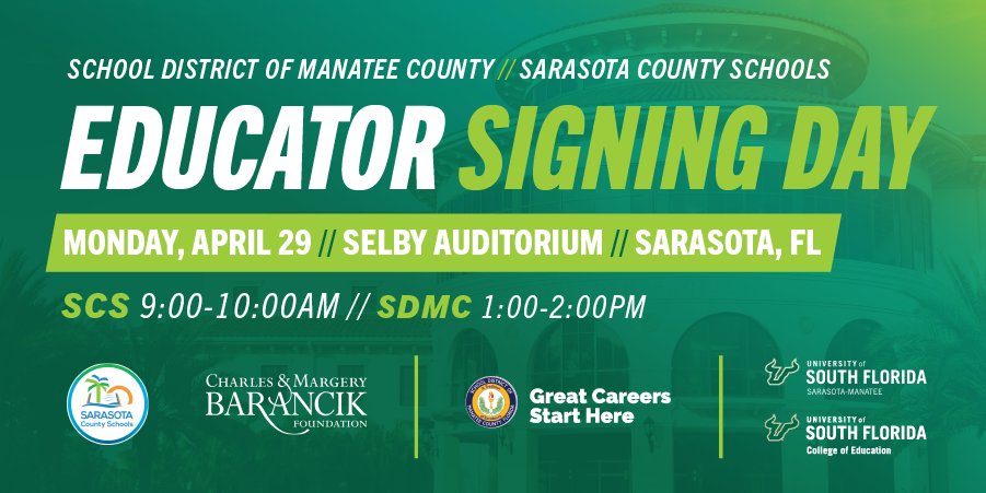 Join the College of Education, Sarasota County Schools and Manatee County Schools at our Sarasota Manatee campus for Educator Signing Day on Monday April 29!🍎 Sarasota County Schools event will begin at 9:00 a.m. School District of Manatee County event will begin at 1:00 p.m