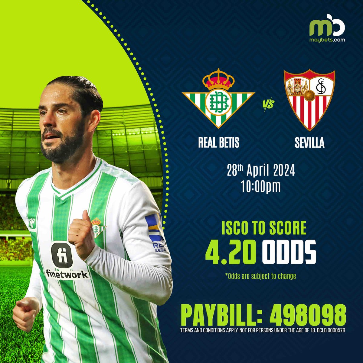 Usilale bila big win! Bado kuna derby ingine mdau! ⚽️ Real Betis vs Sevilla 🥊 Seville Derby Isco ndio kusema huko Betis, na ako na odds safi sana hapo kwa kupiga bao. 🥅 Isco to score- 4.20 Odds Wekelea- bit.ly/Seville-Derby #Maybets | #MaybetsImekamThru