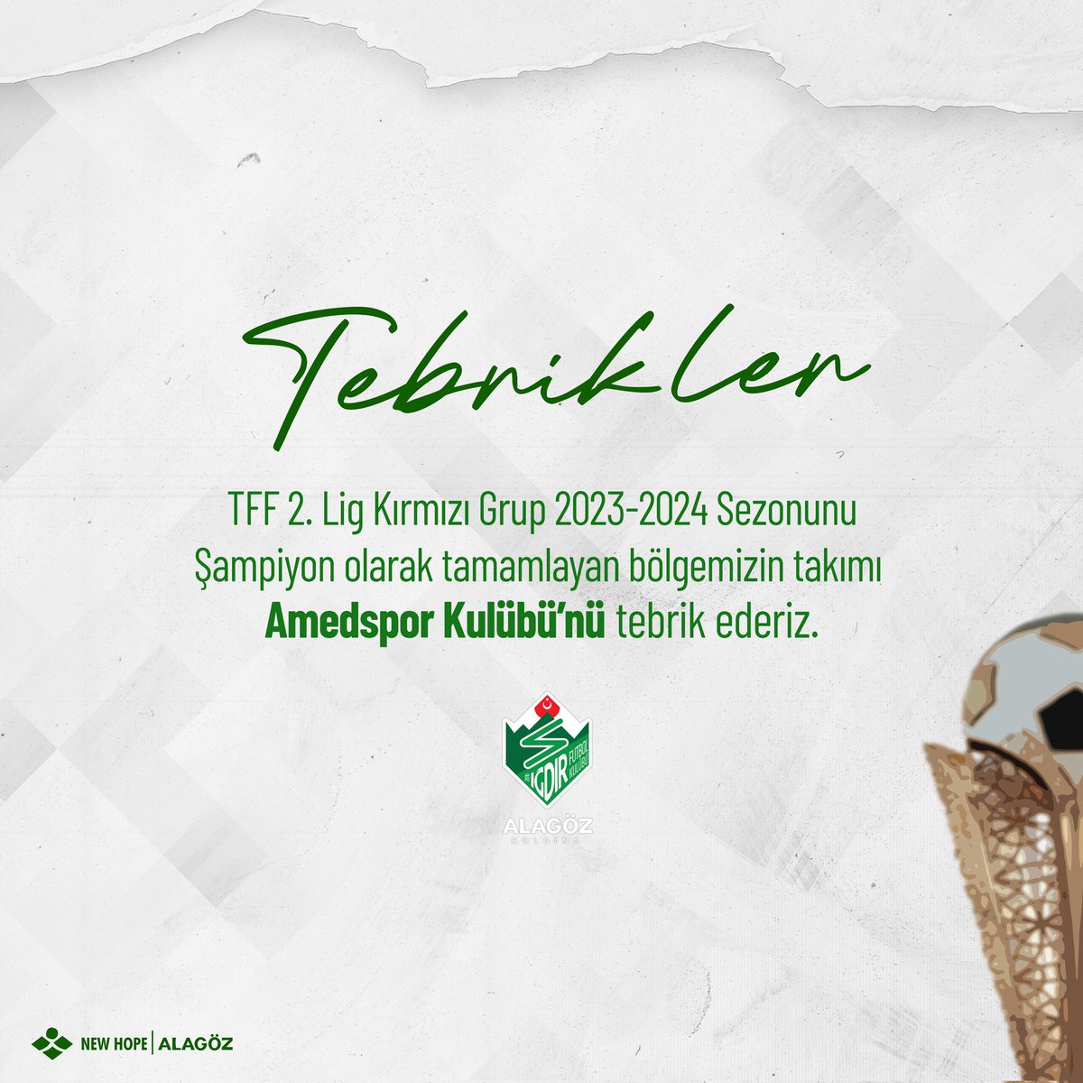 TFF 2. Lig Kırmızı Grup 2023-2024 Sezonunu Şampiyon olarak tamamlayan bölgemizin takımı Amedspor Kulübü’nü tebrik ederiz.