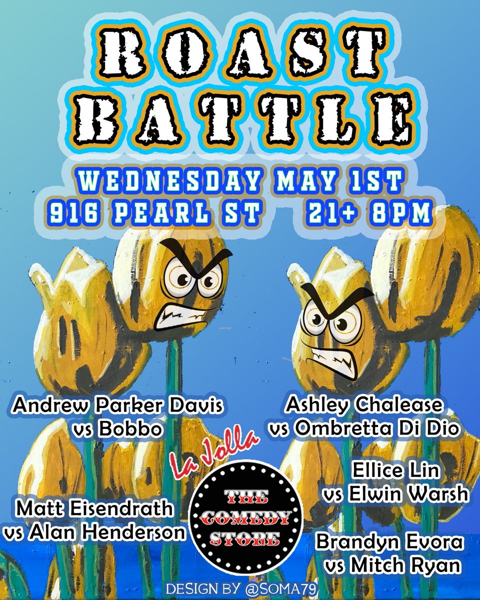 This Wednesday, May 1st! It's the One-Year Anniversary show of @RoastBattle San Diego! Featuring special guest judge, @TheShowThor! (design by @soma79dotcom) Tickets > > showclix.com/event/roast-ba… #sandiego #roastbattle