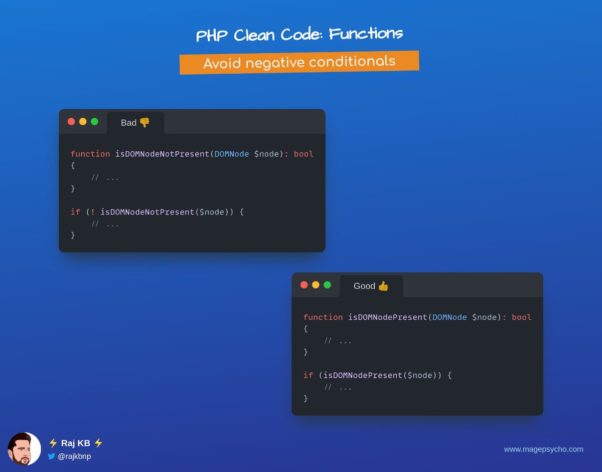 🔟 Clean Code Series: Functions📒🧑💻

☑️ Avoid negative conditionals

🐘 #PHP #Laravel #Symfony