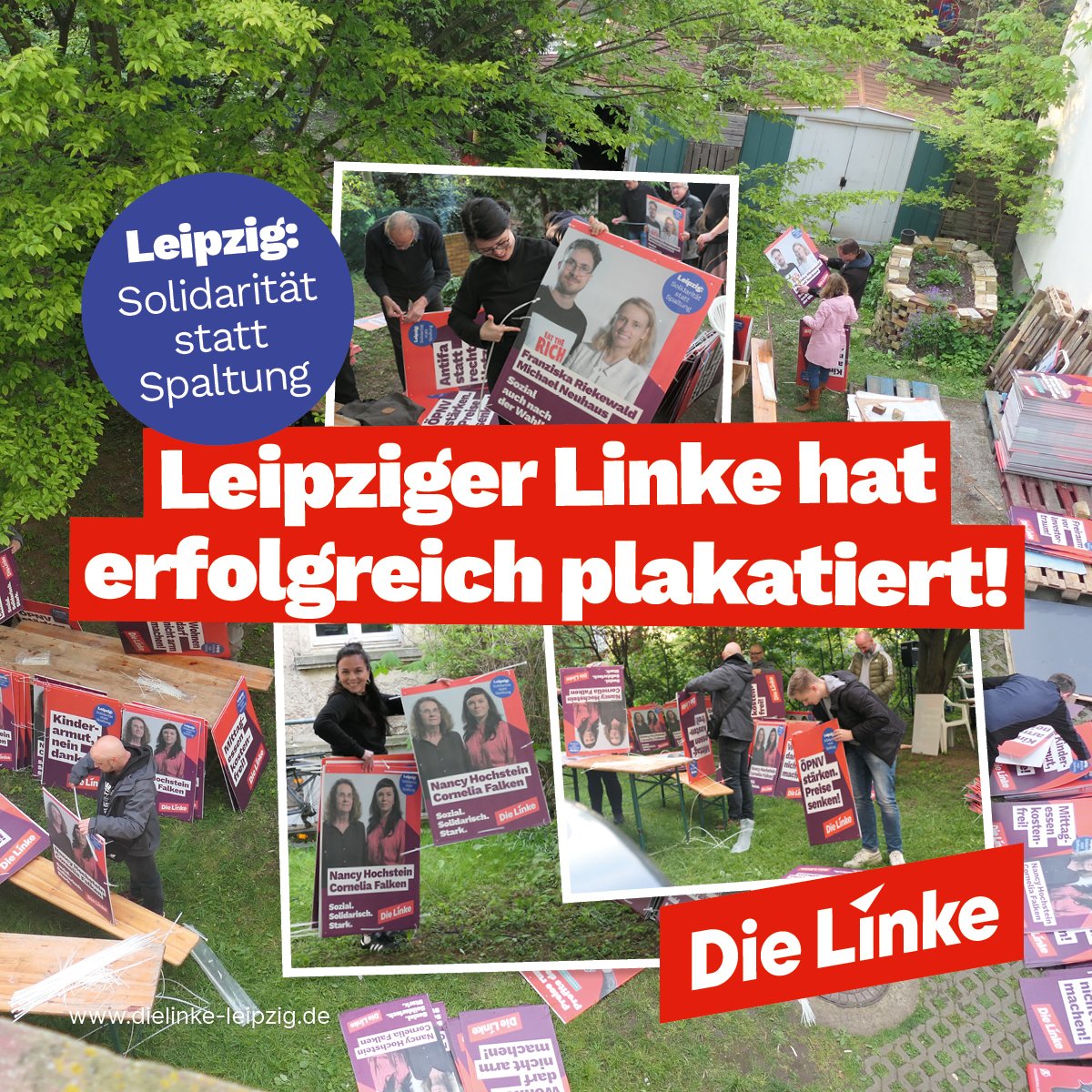 DIELINKELeipzig's tweet photo. #Leipzig macht sich hübsch. In der Nacht zum Samstag hat die größte Leipziger Partei mit 50 Teams knapp 10.000 Plakate an die Masten gebracht. Unser Ziel: #LeipzigBleibtRot https://t.co/rgBhZx5YrX