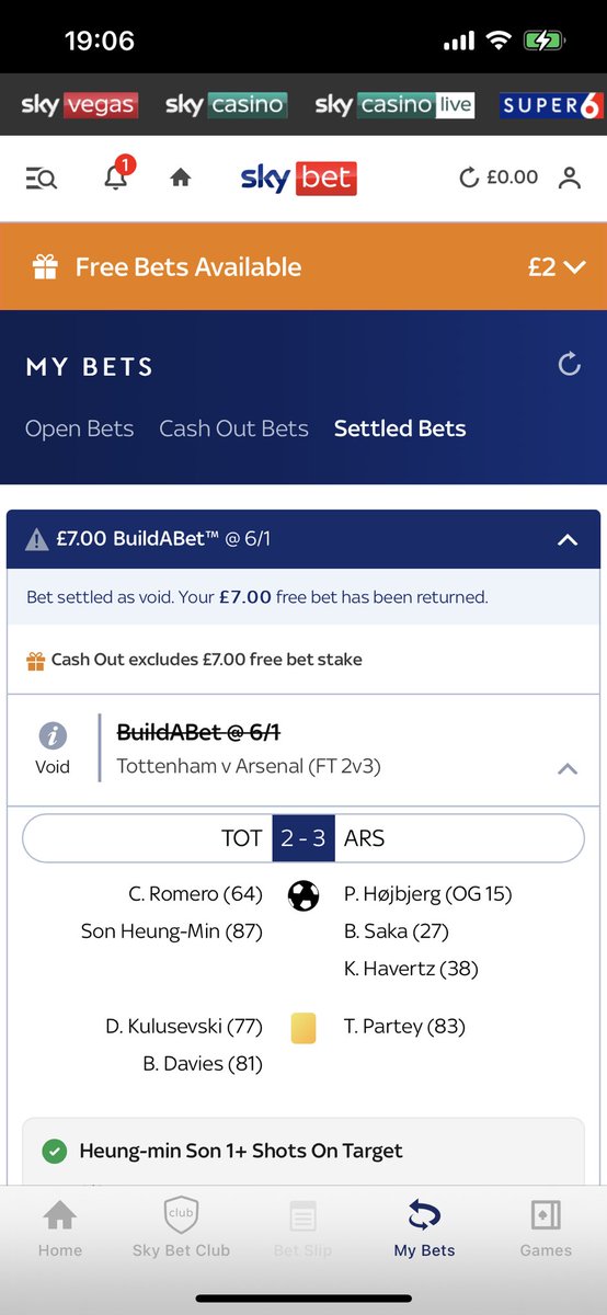 Hi @SkyBet 
I had a free £5 Buildabet and a free £2 BuildaBet, and put both on together to total a £7 bet. You voided the bet and only gave me £2 back. I hat happened to the £5 one?