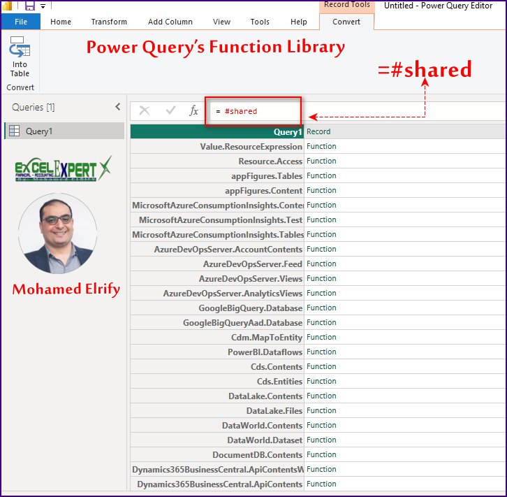 MohElrify's tweet photo. خد التريكه دى
لو عاوز قائمة بمكتبة دوال Power Query’s Function Library
افتح Blank Query واكتب فى شريط الصيغة =#shared ثم Enter
وهتظهر لك مكتبة كاملة بدوال Power query’s M
#Tips #Power_BI #Power_Query https://t.co/K7eqKihVoE