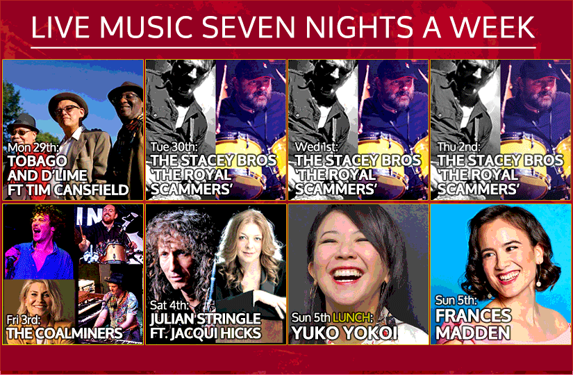 What's on at the Club, 29 April - 5 May: 🎸🎤🥁🎶 Mon: Tobago & D'Lime Tue-Thu: Stacey Bros 'Royal Scammers' @PaulStrangeboy @JezzaStace Fri: The Coalminers @AmyActualBird Sat: @julianstringle Jacqui Hicks Sun #Lunch: Yuko Yokoi Sun: @frances_madden 606club.co.uk/events/