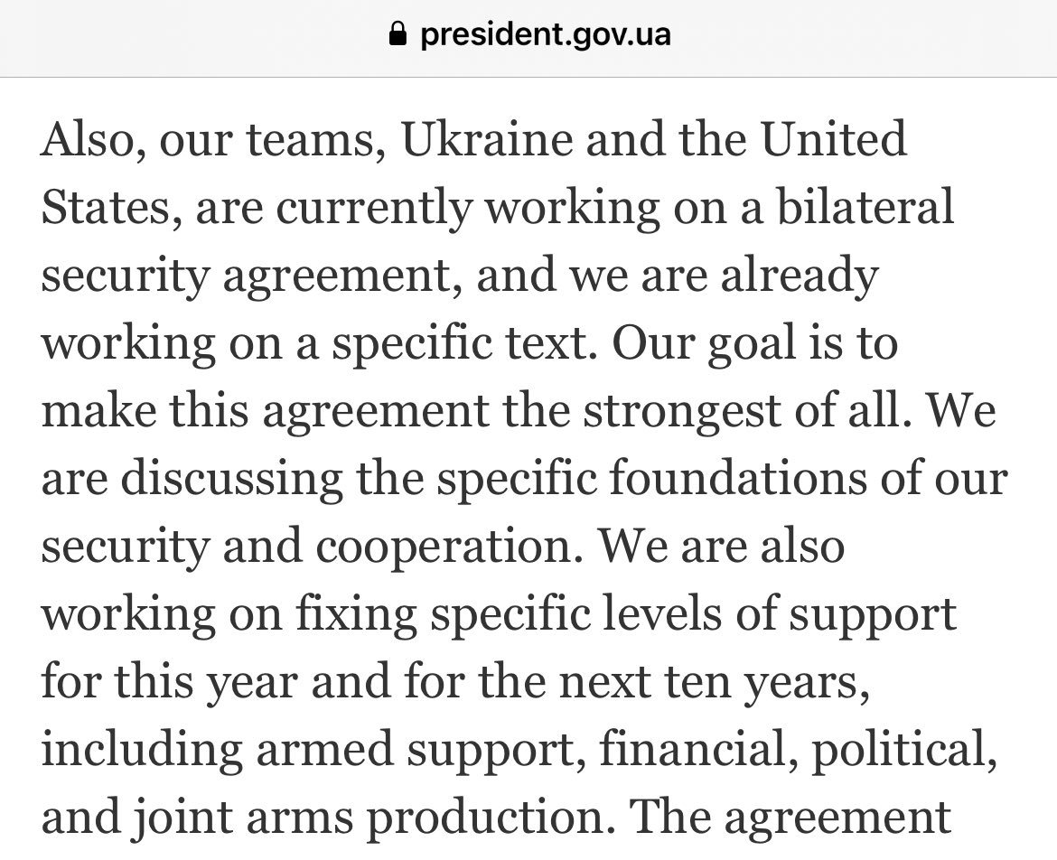 Zelensky announces that Ukraine is working on a security agreement with the U.S. that will fix levels of support for the next 10 years. The $61 billion was just the beginning. The next two U.S. presidents won’t be able to switch it off.