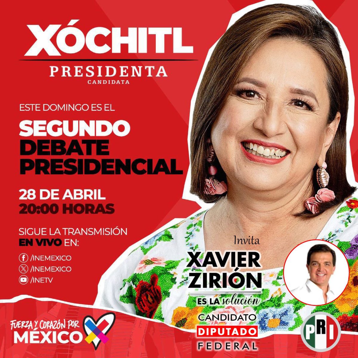 No te pierdas el segundo #DebatePresidencial2024 Hoy a las 8pm. @XochitlGalvez @PRI_Nacional @PRDMexico @AccionNacional . Saludos