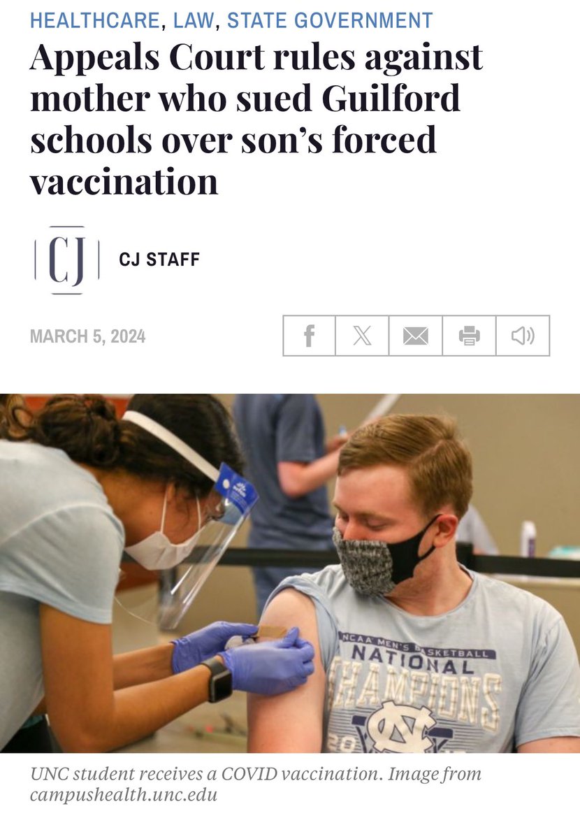 Speaking of forced vaccination…. 

Let’s be clear and not mince words… it’s not okay under ANY circumstances to forcefully vaccinate anyone.

This such extremely dangerous precedence to set

“The North Carolina Court of Appeals has ruled against a mother and son who sued the…