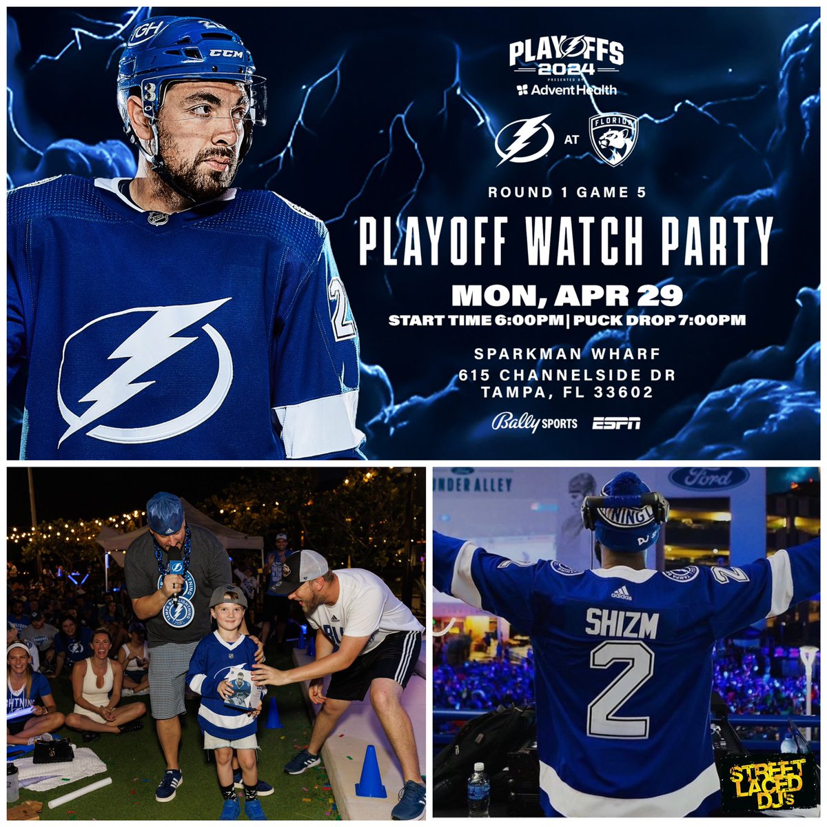 We Can’t Wait! Tomorrow Night, we return to @sparkmanwharf for Rd☝🏽Game🖐🏾of the @StanleyCup Playoffs! Official @TBLightning Watch Party w/#StreetLacedDJs @djshizm, hosted by @GregWolfTBL, @ThunderBugTBL, @boltsalumni & more! THIS IS WHERE YOU NEED TO BE! @Tampasdowntown #GoBolts