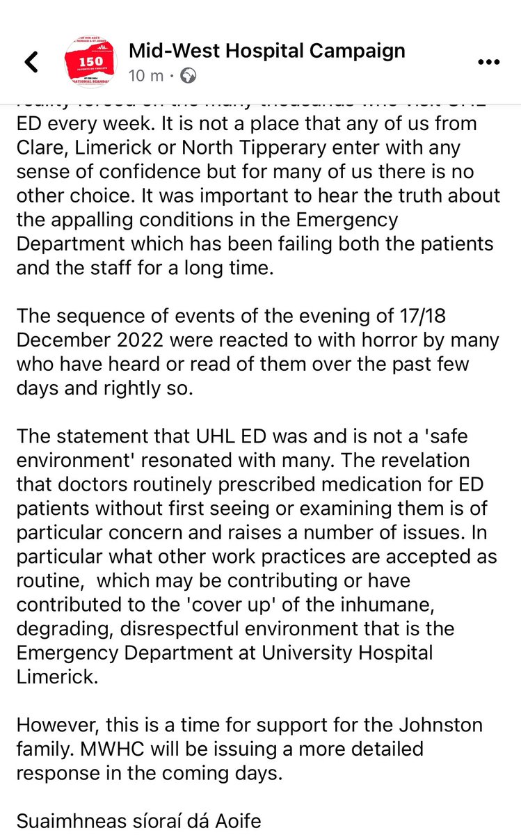 Statement - Sunday 28th April facebook.com/share/p/att4FE…

#UHLIncrisis #CareCantWait #midwesthealthemergency #trolleycrisis #HealthEmergency #clare #OurHealthMatters #StrengthInUnity #EnoughIsEnough #tipperary #limerick #wearedying #timeforchange