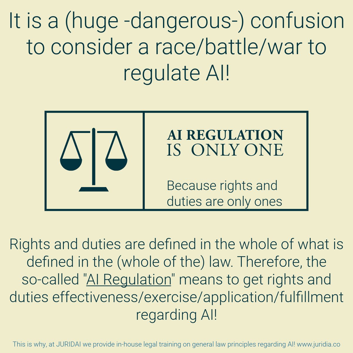 A “race/war” to regulate AI is wrong because the only form that regulates AI is what is defined in the whole of the law and this is not based on opposite/competitive/dominant views about rights and duties but on good – JURIDAI juridia.co/a-race-war-to-…

#airegulation #aigovernance