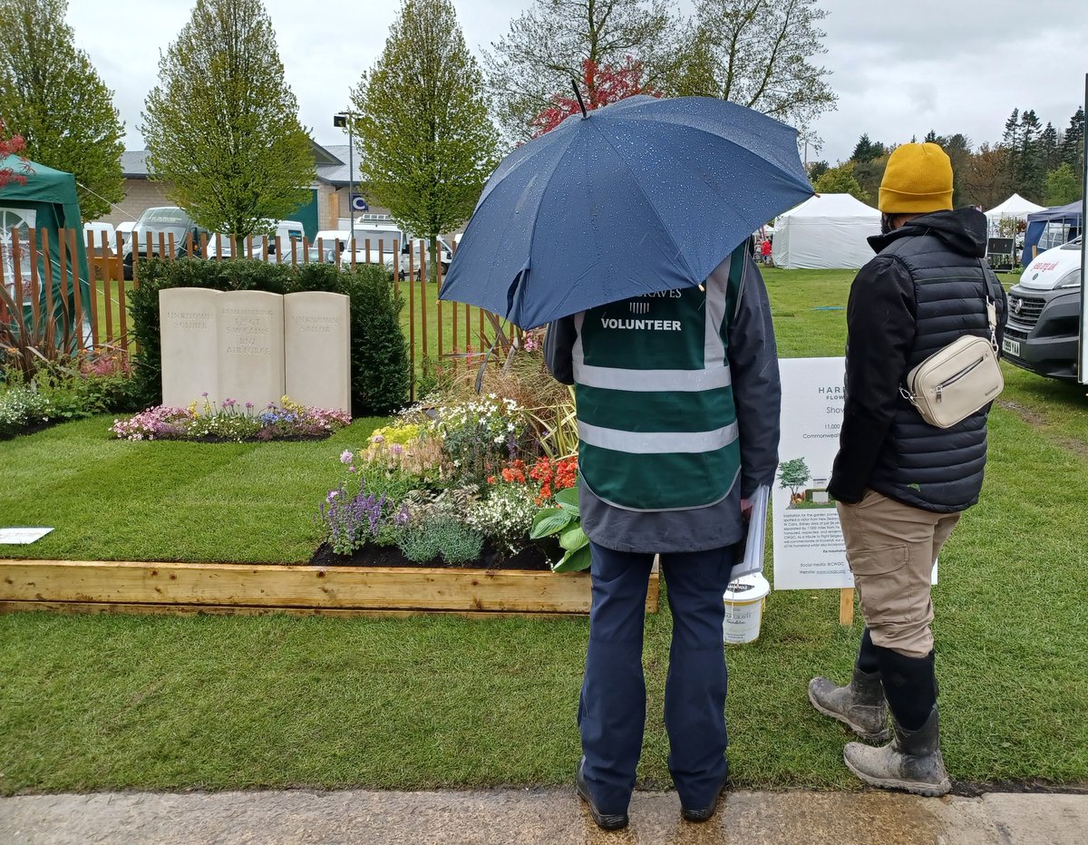 It was wet, wet, wet at our @CWGC show garden at the @HarrogateFlower today. Some hardy folks did visit us to learn more about our work and those we commemorate whilst looking at our beautiful garden!