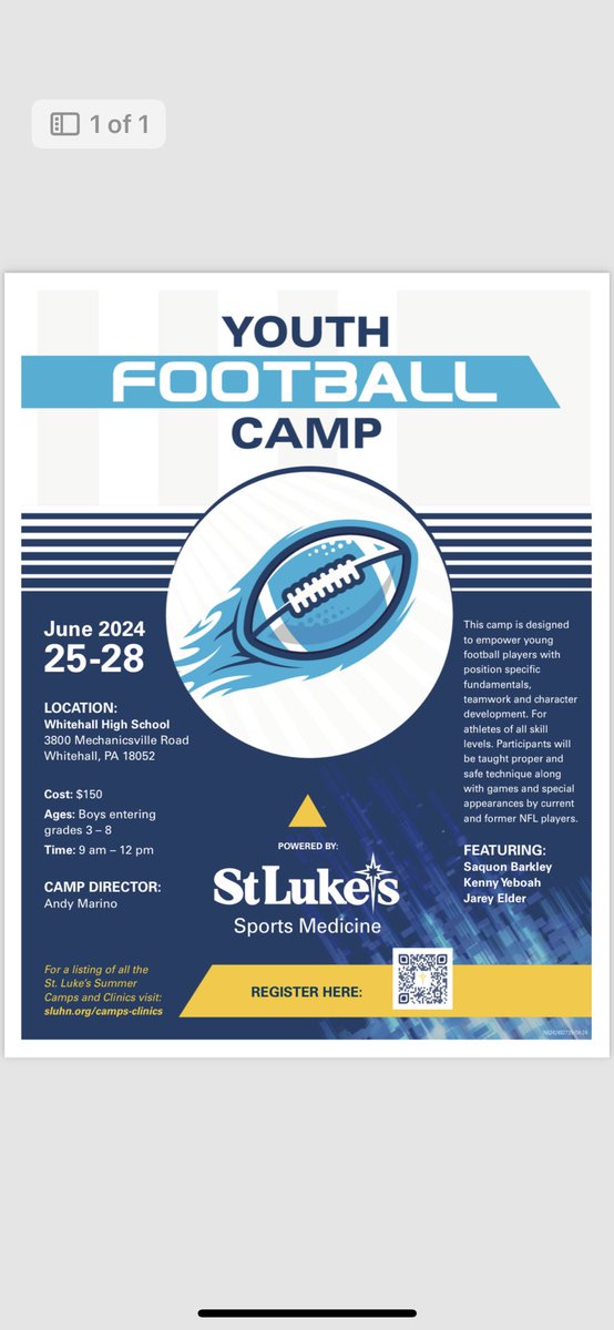 🚨🚨 Summer is around the corner. ALL ARE WELCOME!! Come have tons of fun learning and playing football. Campers will learn all positions and meet professional football players! @SLUHNSportsMed @saquon @NakobeDean