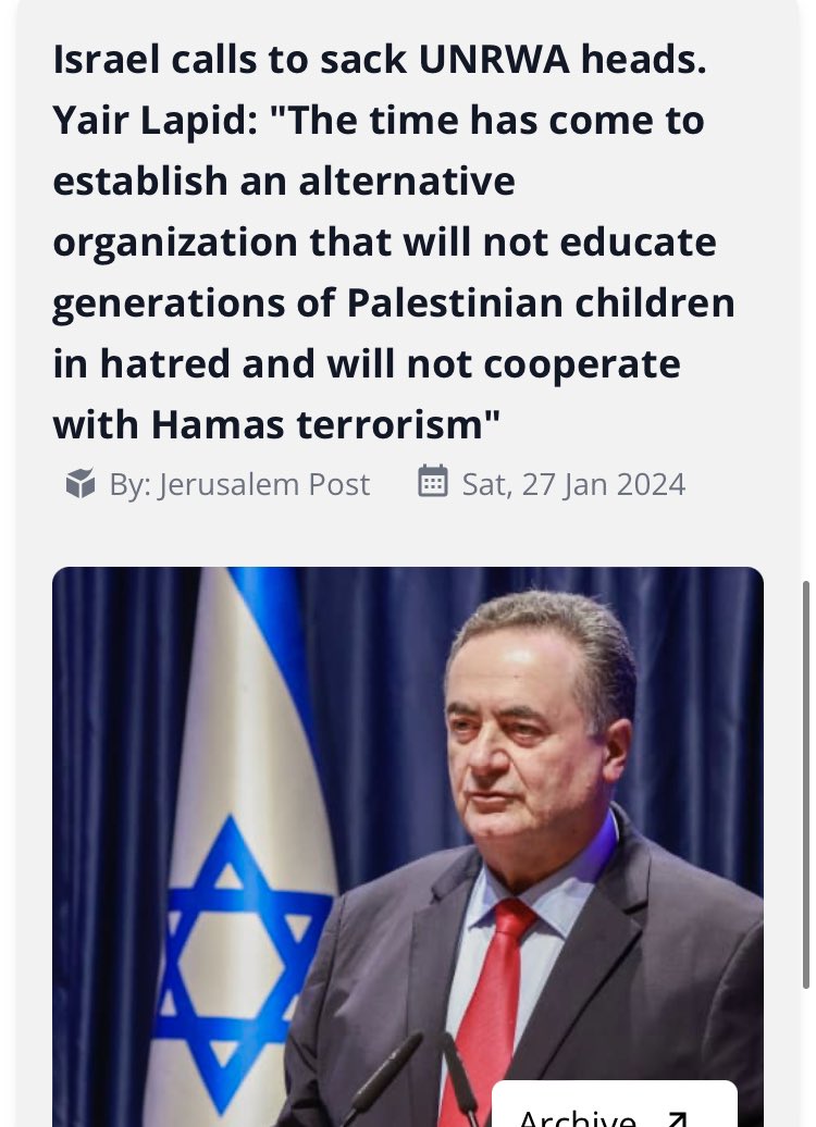 DocumentingGaza's tweet photo. Also from Lapid since Oct in our Timeline:

“If international media is objective &amp; shows both sides, it serves Hamas”
On UNRWA defunding: “the time has come to establish an alternative organization that will not educate generations of Palestinian children in hatred” https://t.co/vSUeLis5Ac