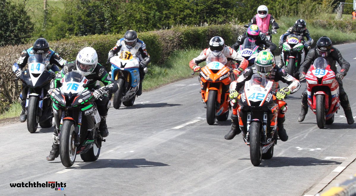 The second group in the Cookstown Supersport A race held on Saturday gets underway. From L-R: (44) Liam Chawke, (76) Jacque Foley, (361) Ryan Whitehall, (32) Martin Morris, (109) Neil Kernohan, (42) Richard Charlton, (46) Mark Johnson and (93) Paul Cranston.