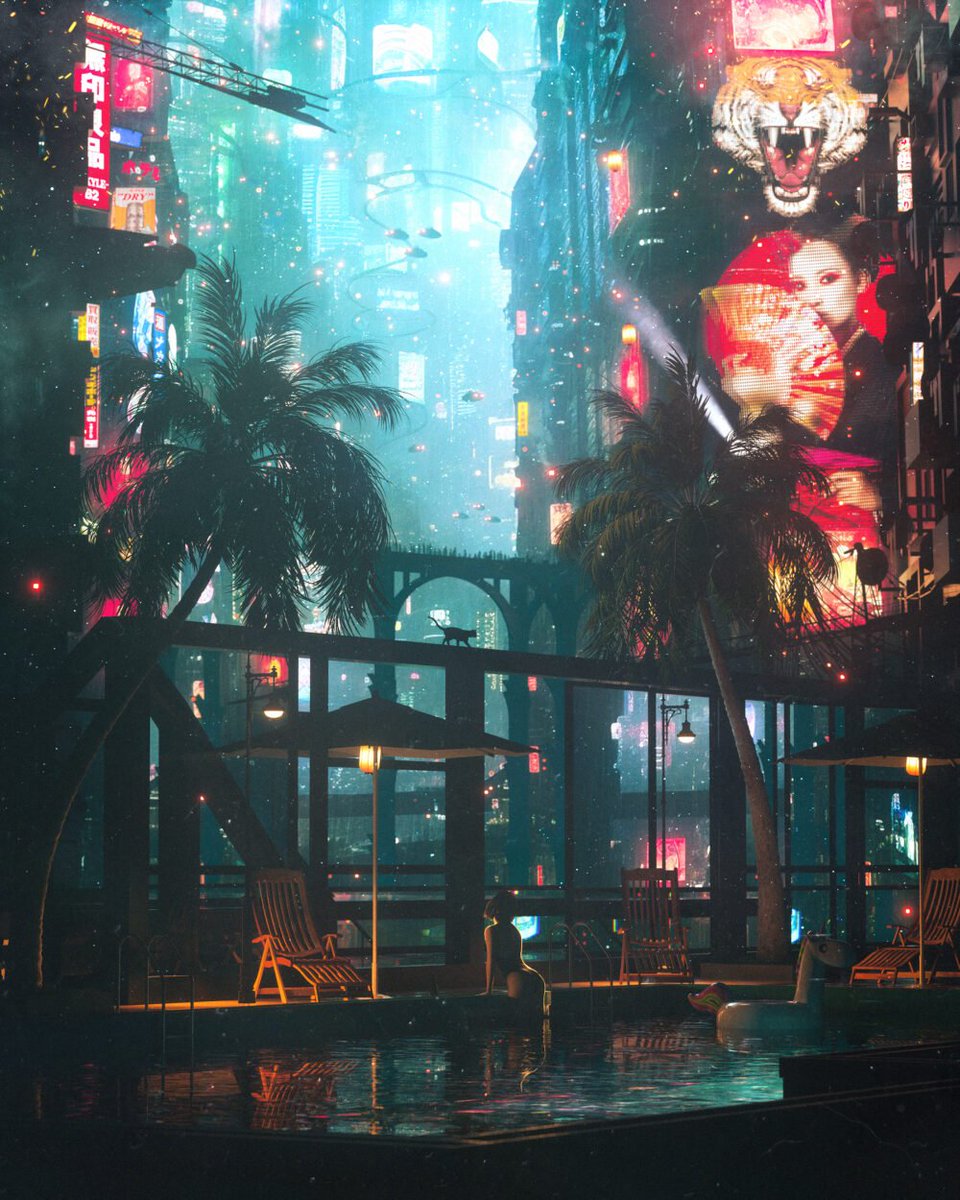 'La Piscine' by @dangiuz is available for inquiry via AOTM. In this piece, the serenity of the solitary figure clashes with the cyberpunk vibrancy of an urban jungle. Dangiuz melds the calm of a nighttime swim with the frenetic pulse of city life. Link below to inquire.