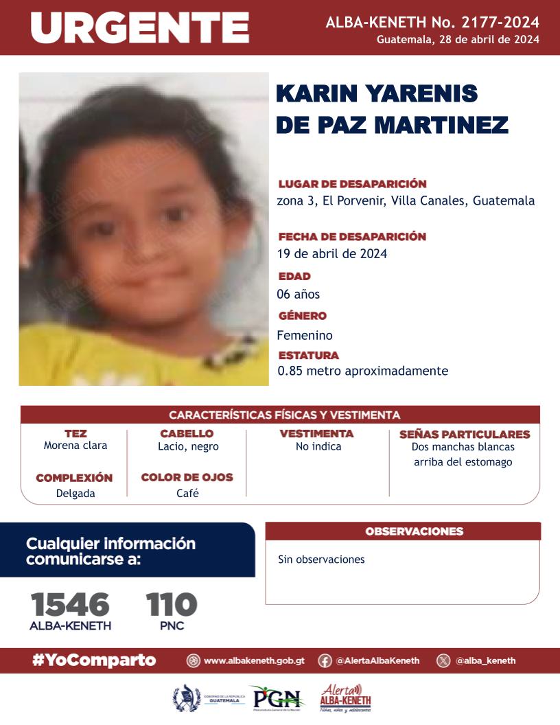 #AlertaAlbaKeneth⚠️| Karin Yarenis de Paz Martinez de 06 años de edad. Desapareció el 19 de abril de 2024, en Zona 3, El Porvenir, Villa Canales, Guatemala. 🔁Comparte y ayúdanos con su localización. 📞Si tienes información llama al 1546. #YoComparto