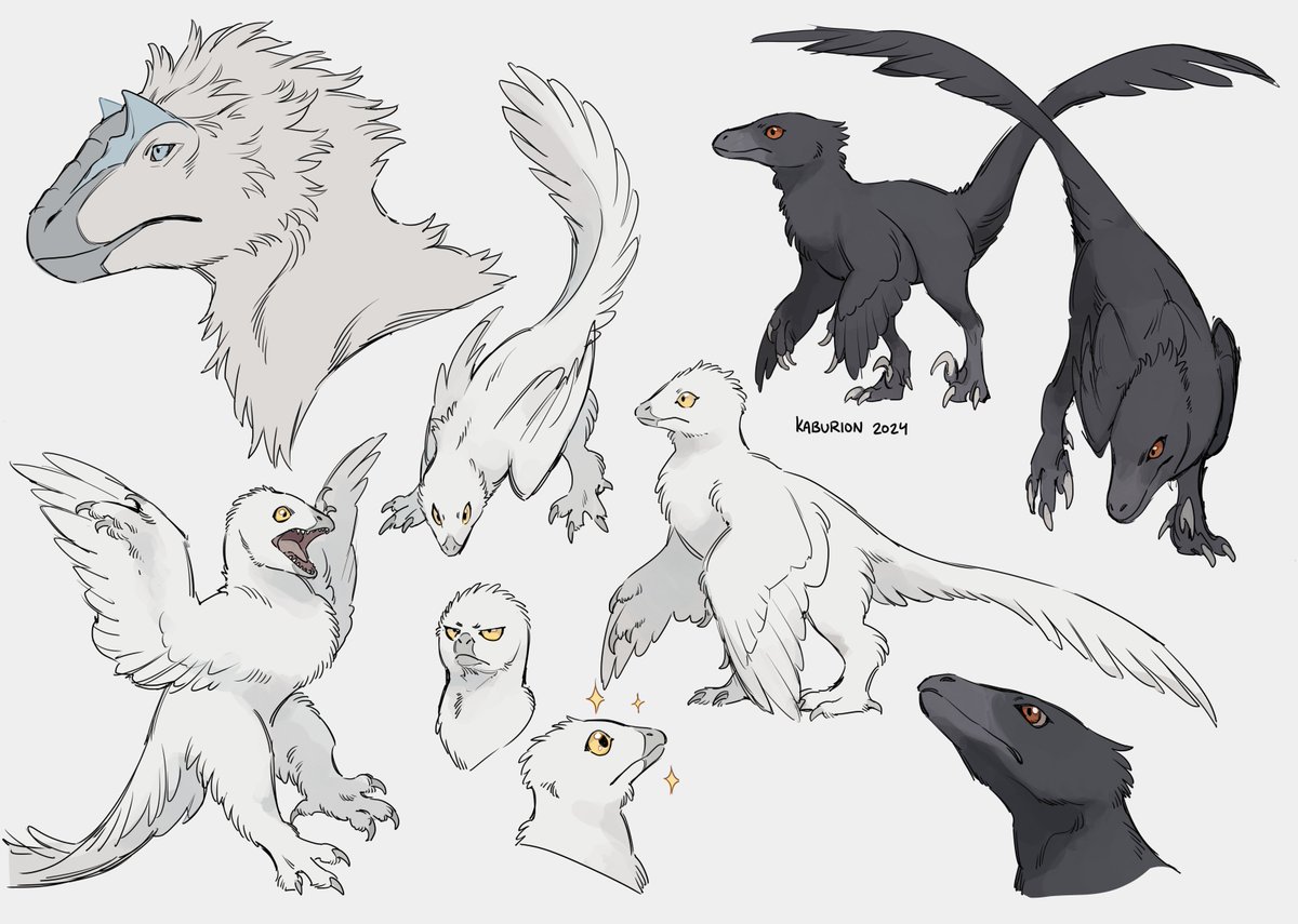 Learning to draw dinosaurs :^)
Yutyrannus in left upper corner, the white one is an archaeopteryx, and black one is a velociraptor.

(not supposed to be 100% accurate, i took some creative liberties) 