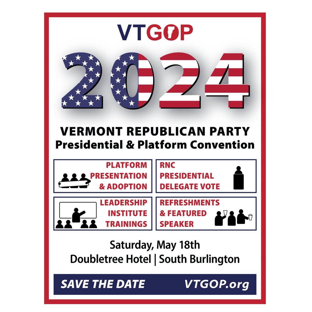 On May 18th Republicans & Conservatives from around the state are gathering together for our Spring Convention. There will be trainings, guest speakers, platform discussion and selection of our delegates to the RNC 25%-50% Early Bird Discounts vtgop.org/convention24
