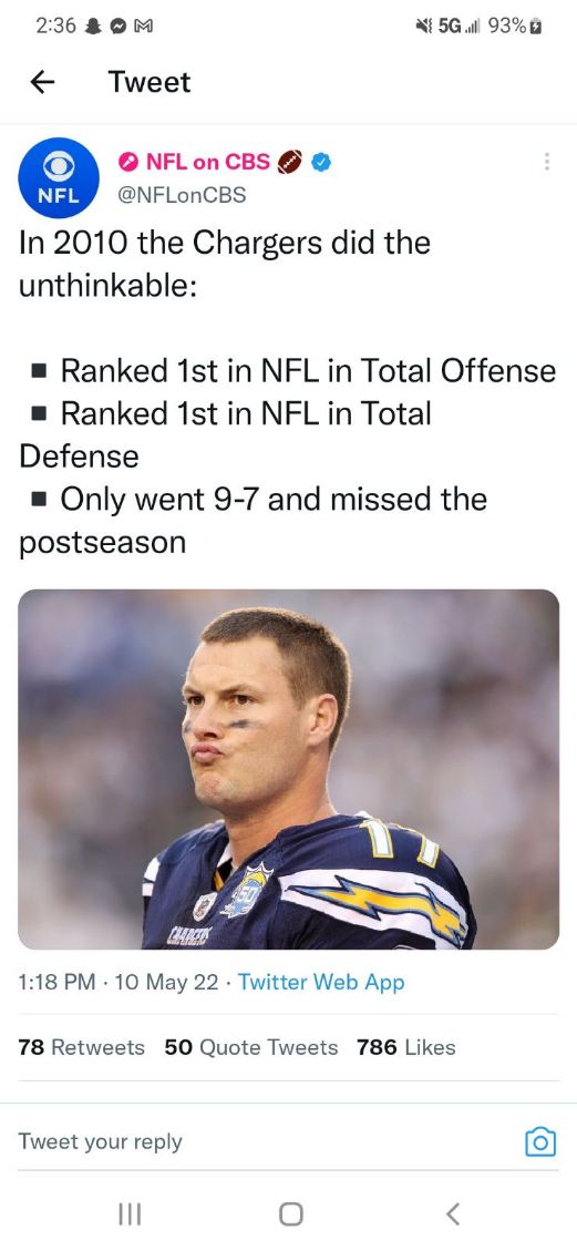 @rsandns @_tep13 @MidwestMadDog Nine other teams have a top 10 defense every year and they don't win...nothing is guaranteed. Case in point: the 2010 San Diego Chargers had the No.1 offense and the No.1 defense in the NFL and missed the playoffs. They also had a probowl QB in Philip Rivers under center. 🐸☕️