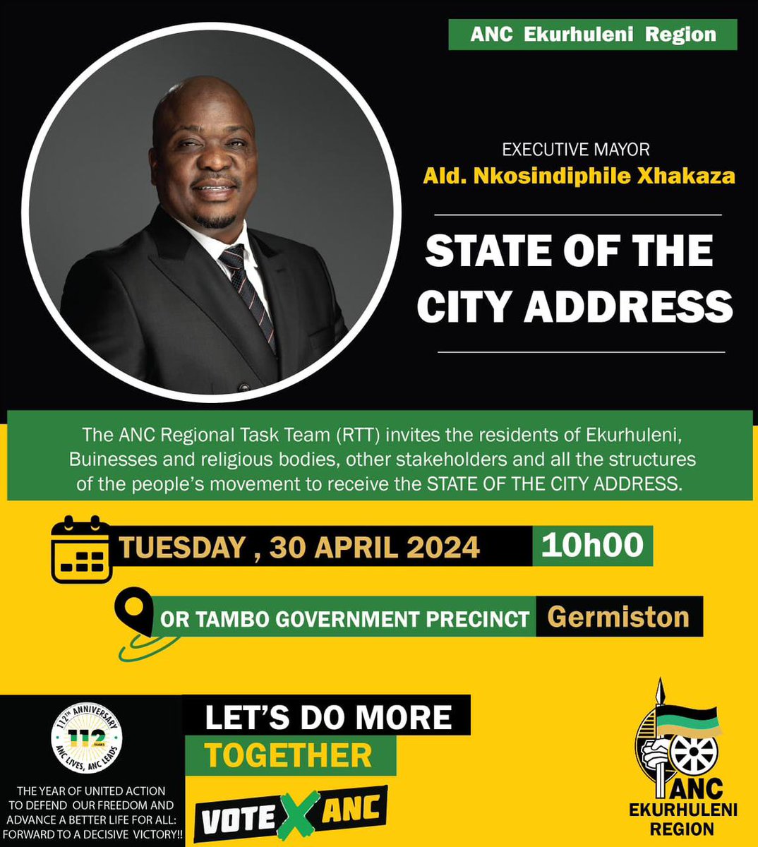 ANC_EKU_OFFICIA's tweet photo. The @MYANC Councillor - Executive Mayor Ald. @nkosindiphile_x will deliver his maiden State Of The City Address on Tuesday, 30 April 2024.
#StateOfTheCityAddress #COE #VOTEANC29May2024 #29May2024 #LetsDoMoreTogether https://t.co/AeZeq3rPxW