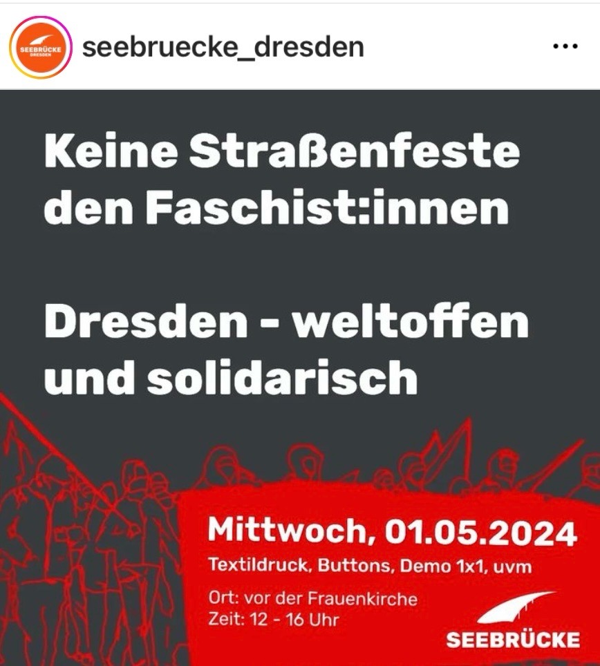 #SaveTheDate #Dresden 01.05.2024 ab 12:00 - 16:00 

Gegenprotest gegen AfD Auftaktveranstaltung

Frauenkirche, Dresden

#WirSindDieBrandmauer #NieWiederIstJetzt #LautGegenRechts #SeiEinMensch #NoAfD