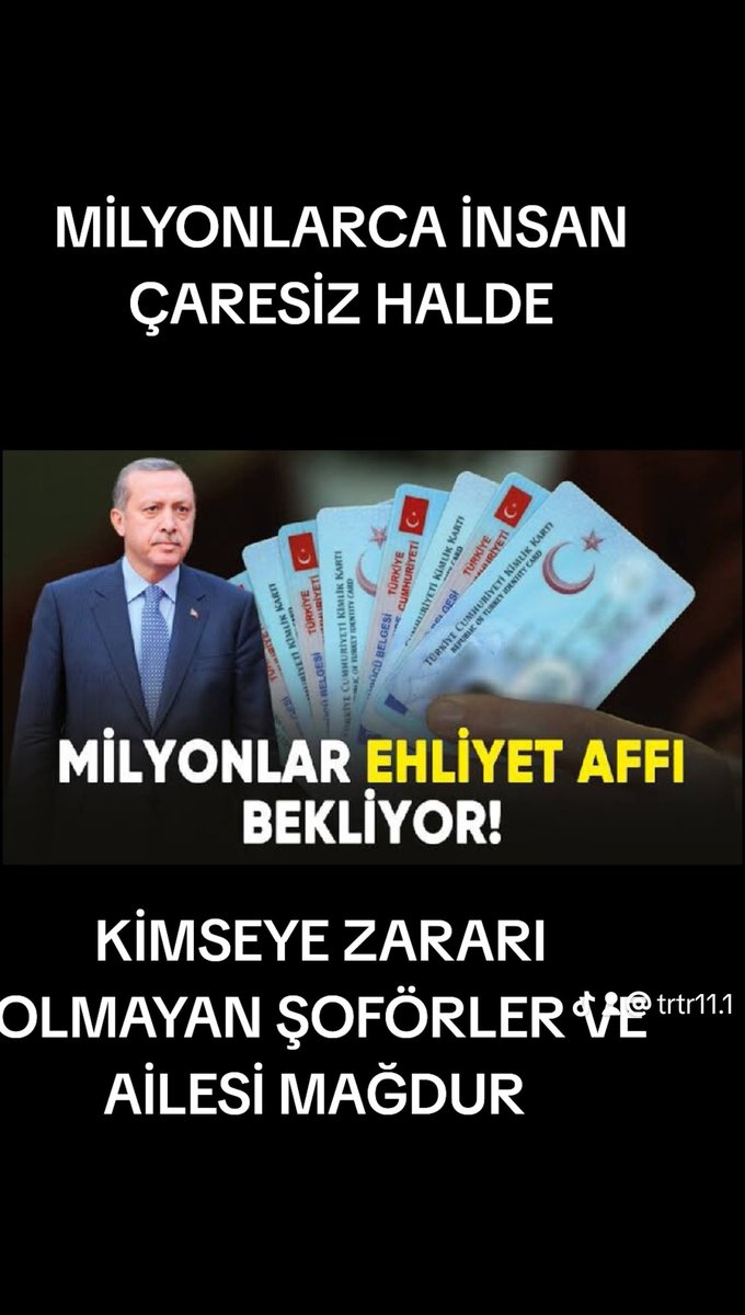 3 milyonun rızkı için #EhliyetAffı @TBMMGenelKurulu 
@RTErdogan 
@Akparti 
@AliYerlikaya 
@yilmaztunc 
@ahaber 
@Haberturk 
@trthaber 
@cnnturk 
@NumanKurtulmus 
@suleymansoylu 
@memetsimsek 
@dbdevletbahceli 
@eczozgurozel 
@bektasbaris 
@dr_muratcan 
@M_Sarigul 
@melih_meric