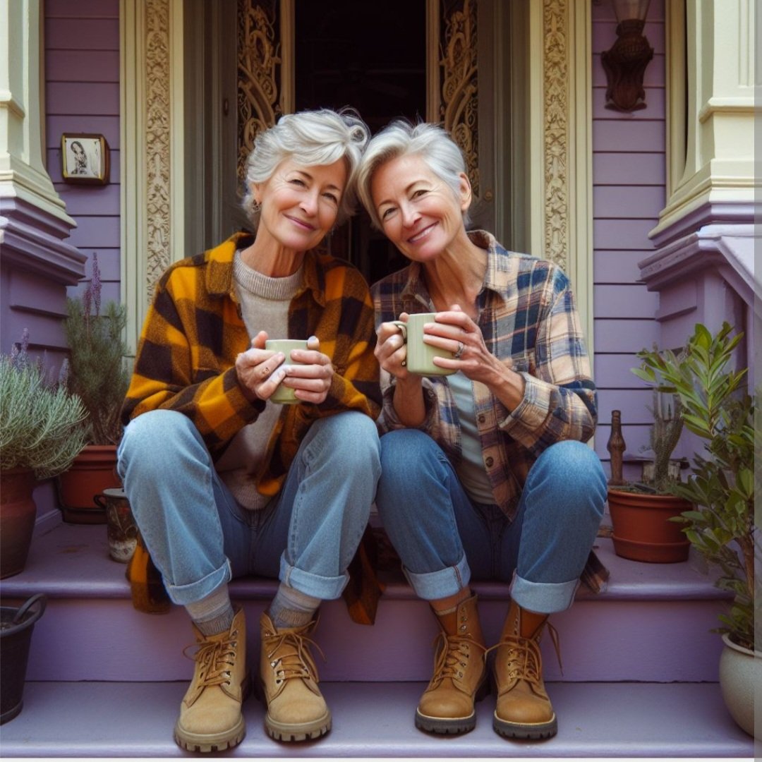 'Two old lesbians in flannel shirts drinking herbal tea on the porch steps of their lavender Edwardian home in San Francisco'
- Bing Image Creator
(my moms are lesbians btw)