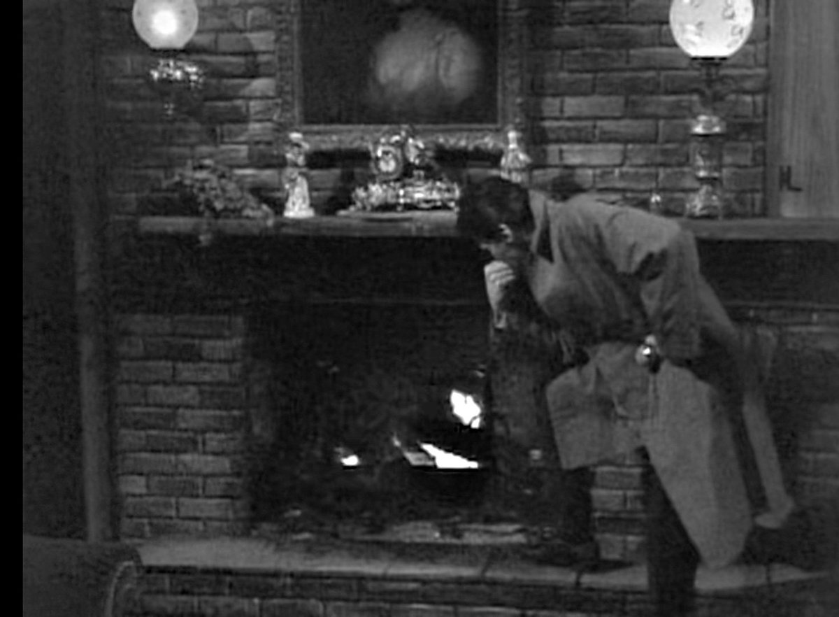 While Joe is searching elsewhere in Laura's cottage, Sherlock Devlin has deduced that a fire is burning in the fireplace, which means that Laura came back and lit the fire, so she must be around the grounds somewhere. E190
#DarkShadows