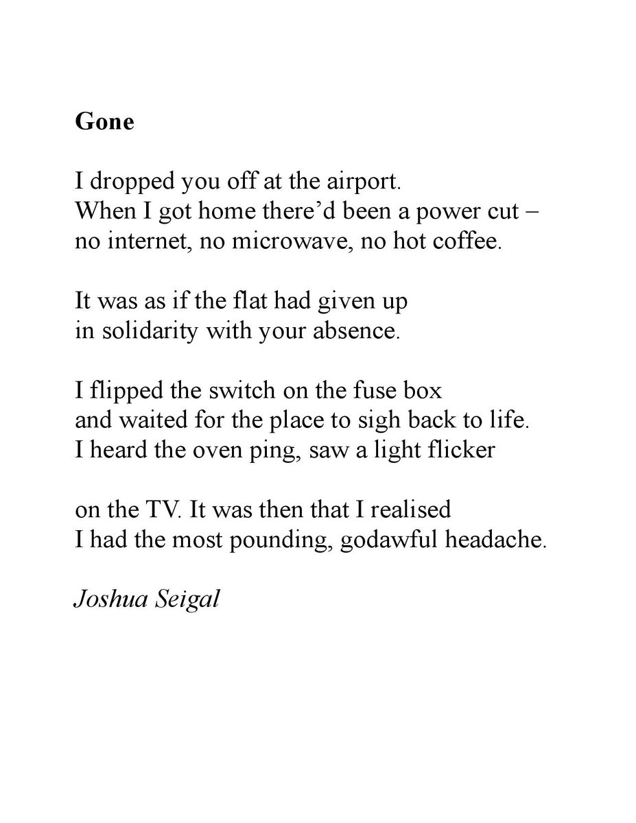 My wife is away, which inspired this. 'GONE' joshuaseigalpoet.blogspot.com/2024/04/gone.h… #poetrytwitter