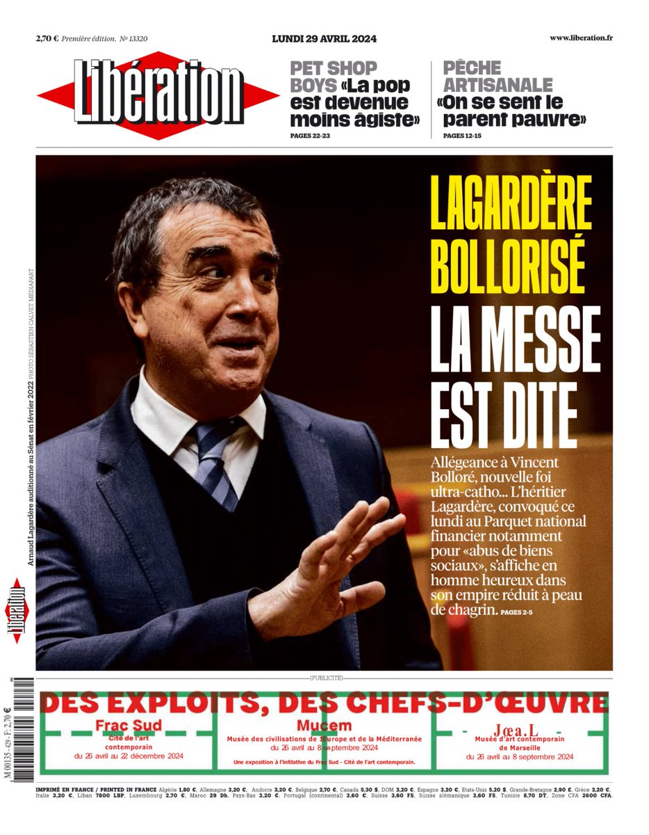 Lagardère bollorisé : la messe est dite. C'est la une de @Libe lundi. Allégeance à Bolloré, nouvelle foi ultra-catho… L’héritier Lagardère, convoqué lundi au Parquet national financier, s’affiche en homme heureux dans son empire réduit à peau de chagrin.