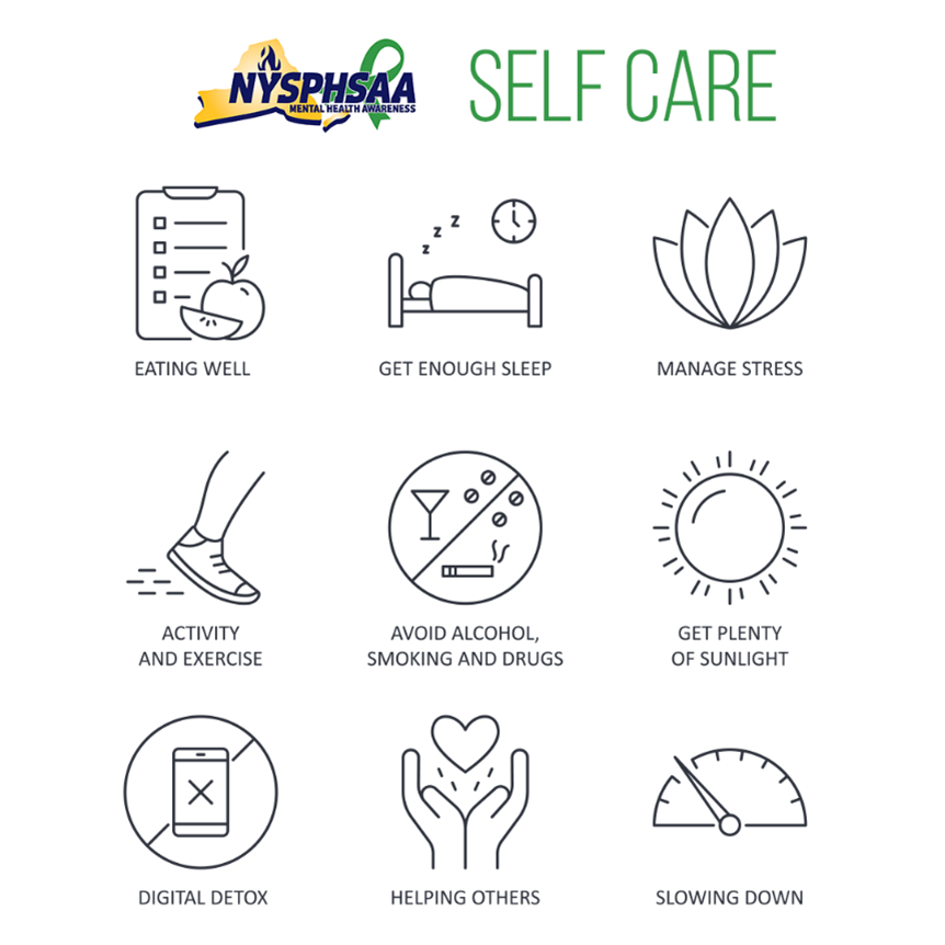 MENTAL HEALTH AWARENESS WEEK: Remember, everyone struggles. Self-care isn't selfish; it's essential for self-preservation. Here are some self-care tips to help you prioritize your well-being! 
#NYSPHSAA #ItsOkayNotToBeOkay
