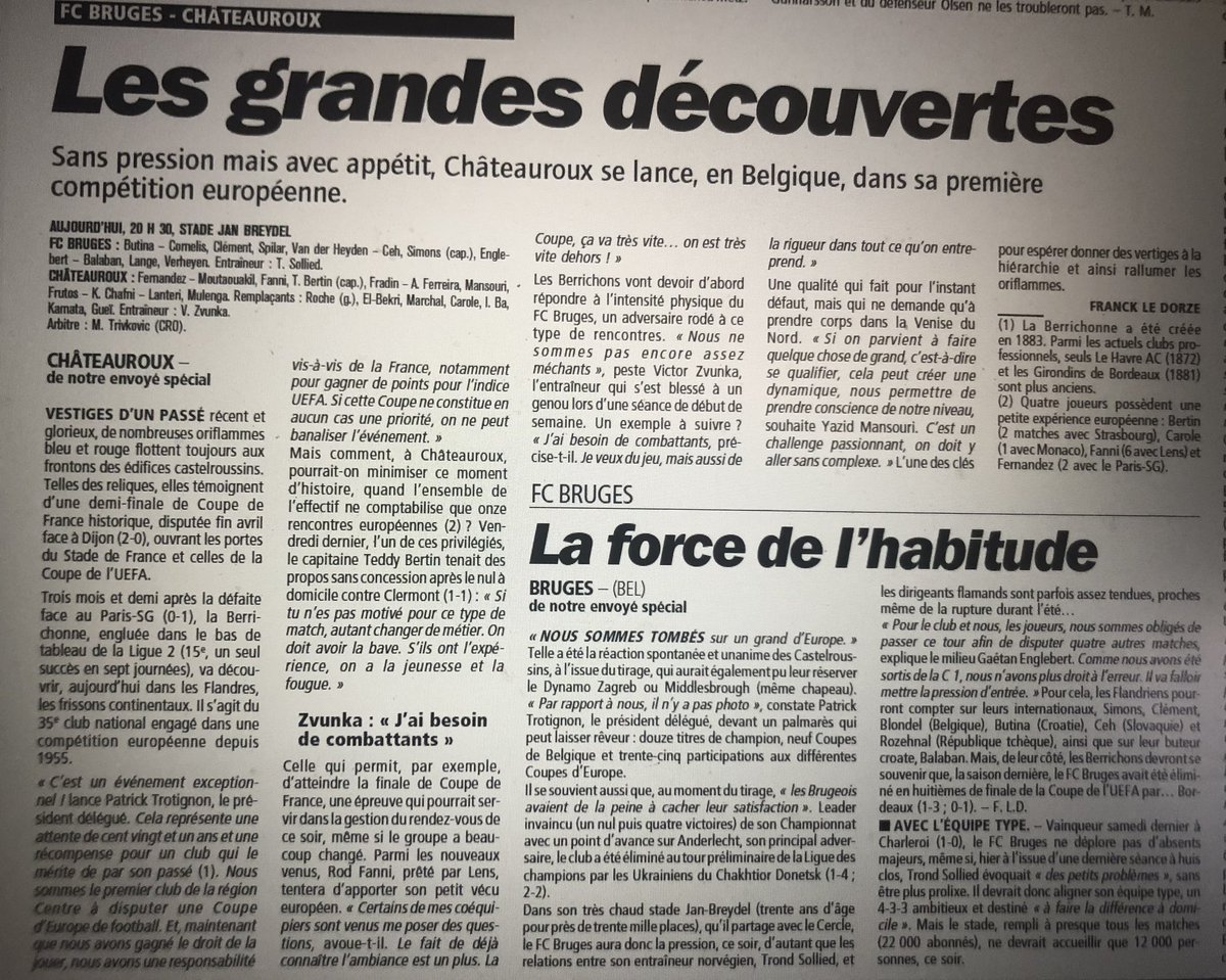 Le dernier club français à découvrir la Coupe d’Europe, c’était Châteauroux le 16 septembre 2004 chez le FC Bruges. @franckledorze @michel_denisot
