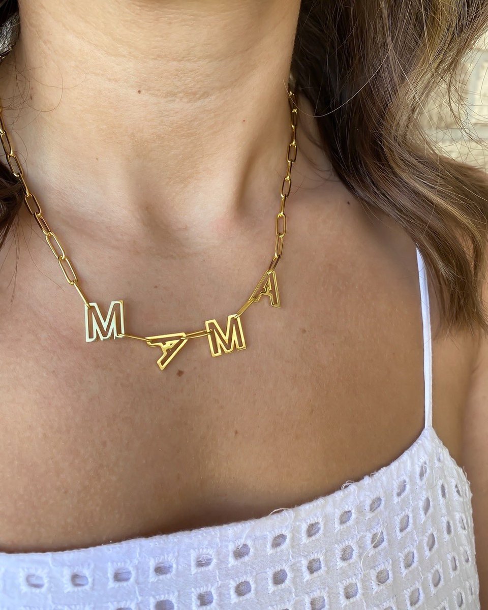 Mama Collection - Lync Letter Necklace ✨ Also available in silver & rose gold! #kinsleyarmelle #mothersday #mom #giftformom #giftideasformom #mothersdaygiftideas #mothersdaygift #giftideas #giftsforher #giftideasforher #mama